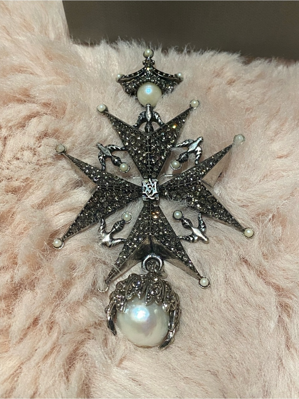McQueen - Ornate Maltese Cross Pearl Drop Brooch - Gun Metal Tone with Pearls